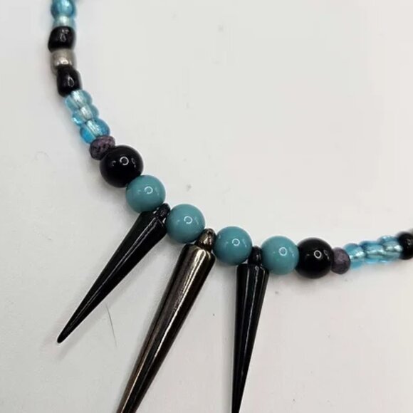 Boho Aqua Marine & Black Spiked 30" Beaded Necklace - Picture 2 of 10